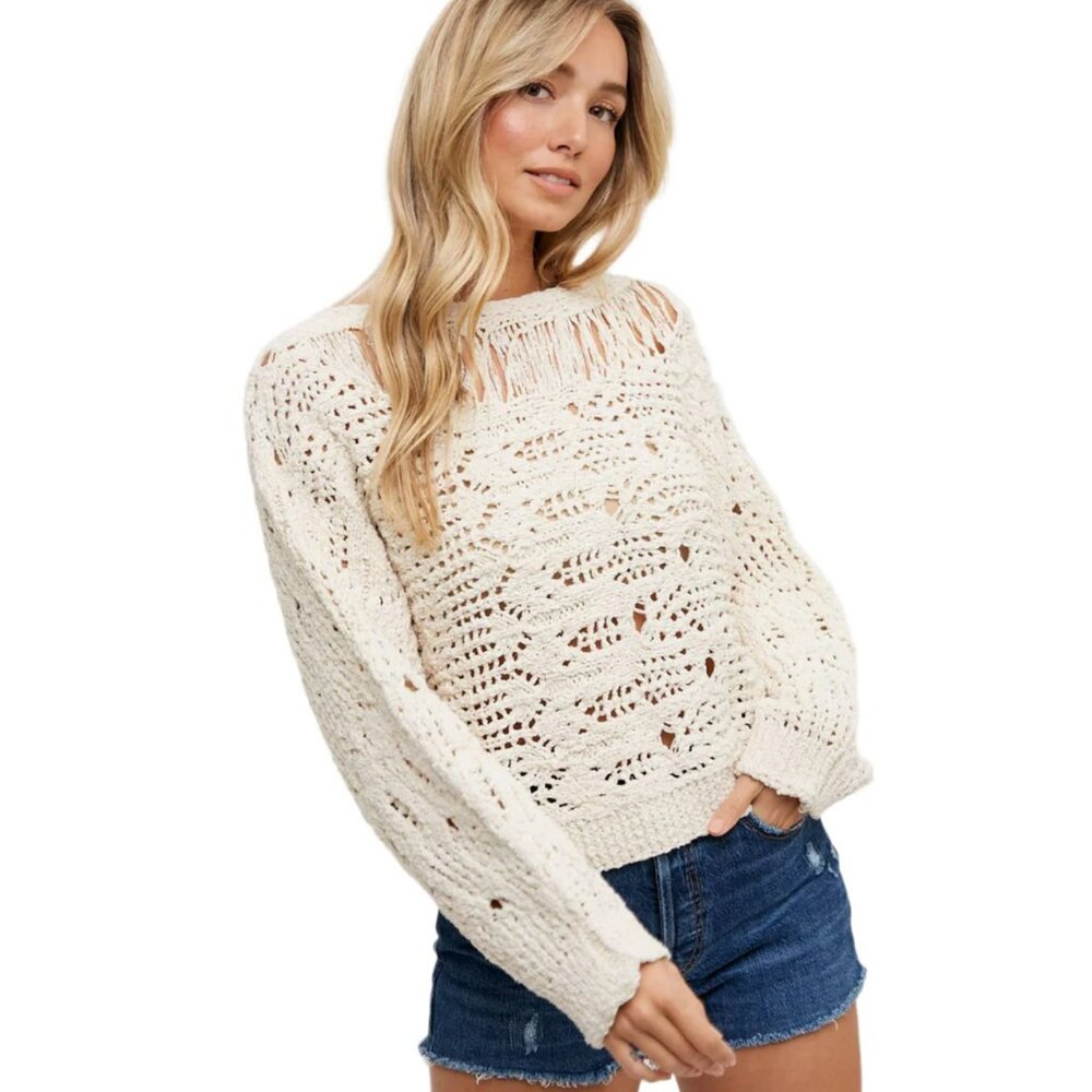 BLUIVY - BOAT NECK OPEN KNIT SWEATER PULLOVER IN NATURAL COLOR